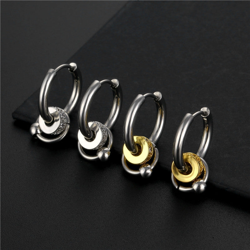 Simple Circle Titanium Steel Zircon Hoop Earrings for Men