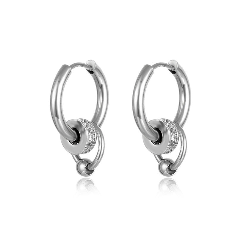 Simple Circle Titanium Steel Zircon Hoop Earrings for Men