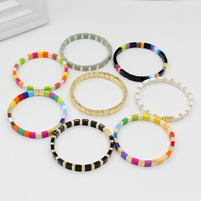 Colorful Square Alloy Enamel Beaded Women's Bohemian Stretch Bracelet