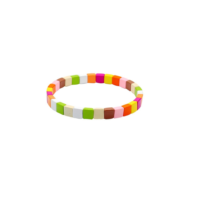 Colorful Square Alloy Enamel Beaded Women's Bohemian Stretch Bracelet