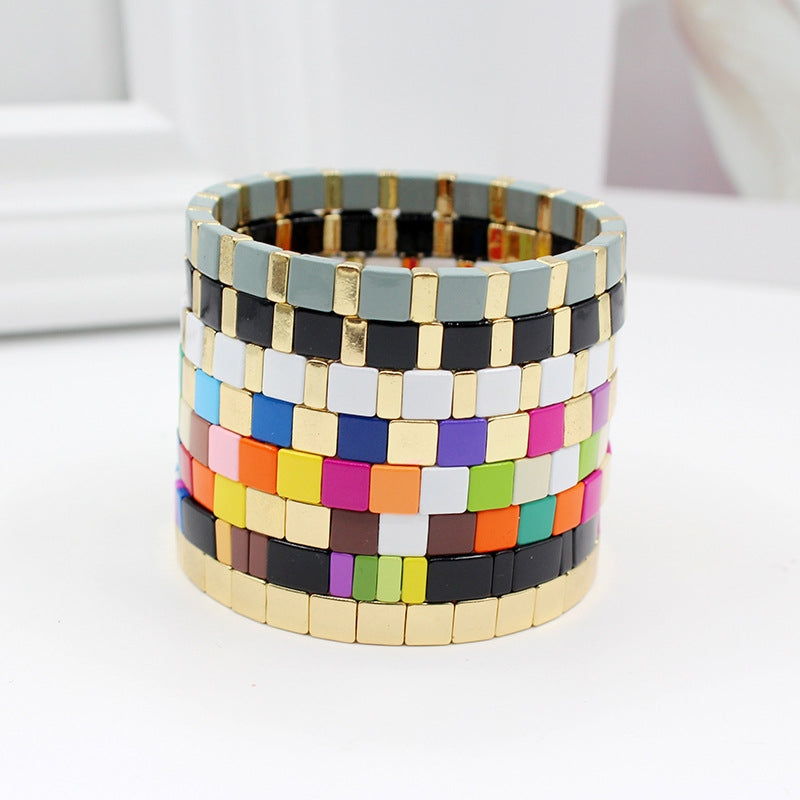 Colorful Square Alloy Enamel Beaded Women's Bohemian Stretch Bracelet