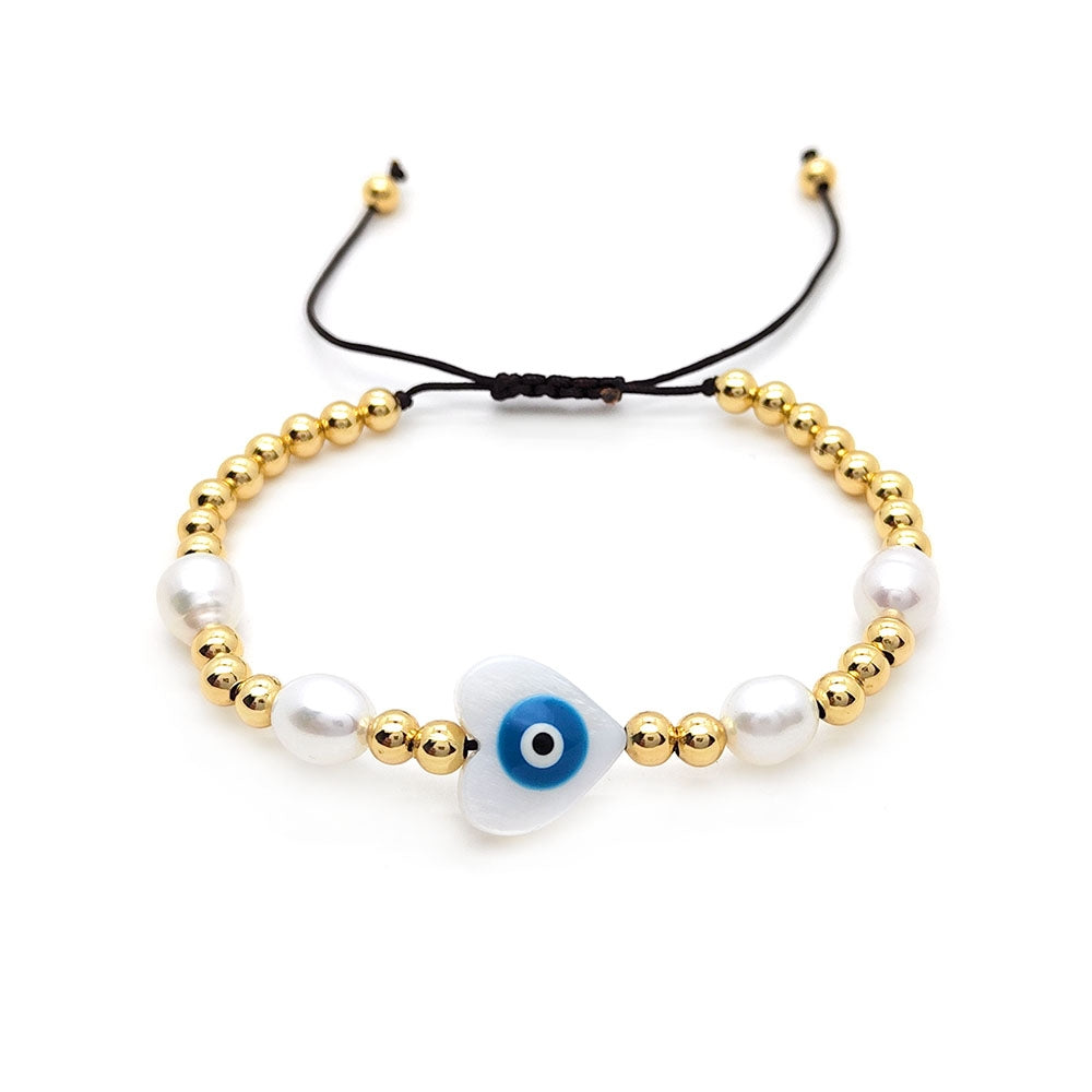 Evil Eye Freshwater Pearl Shell Copper Beaded Bracelet