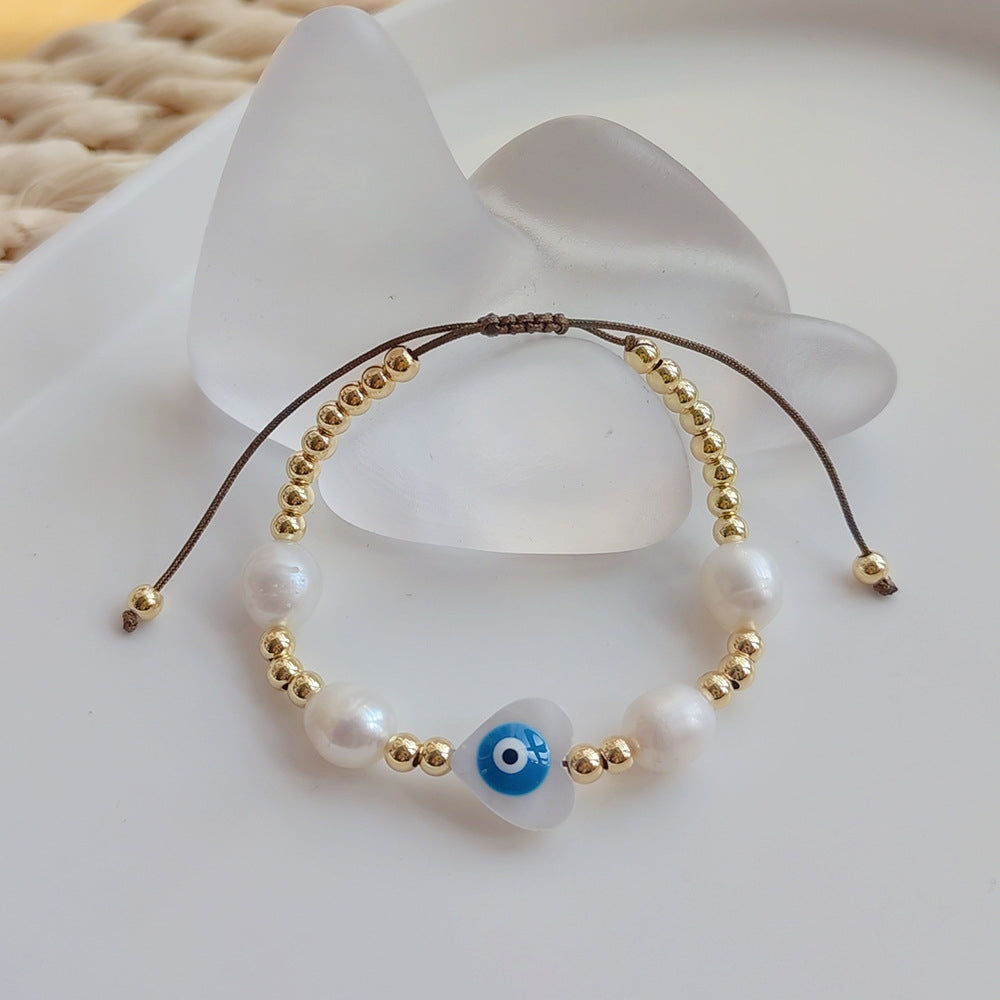 Evil Eye Freshwater Pearl Shell Copper Beaded Bracelet