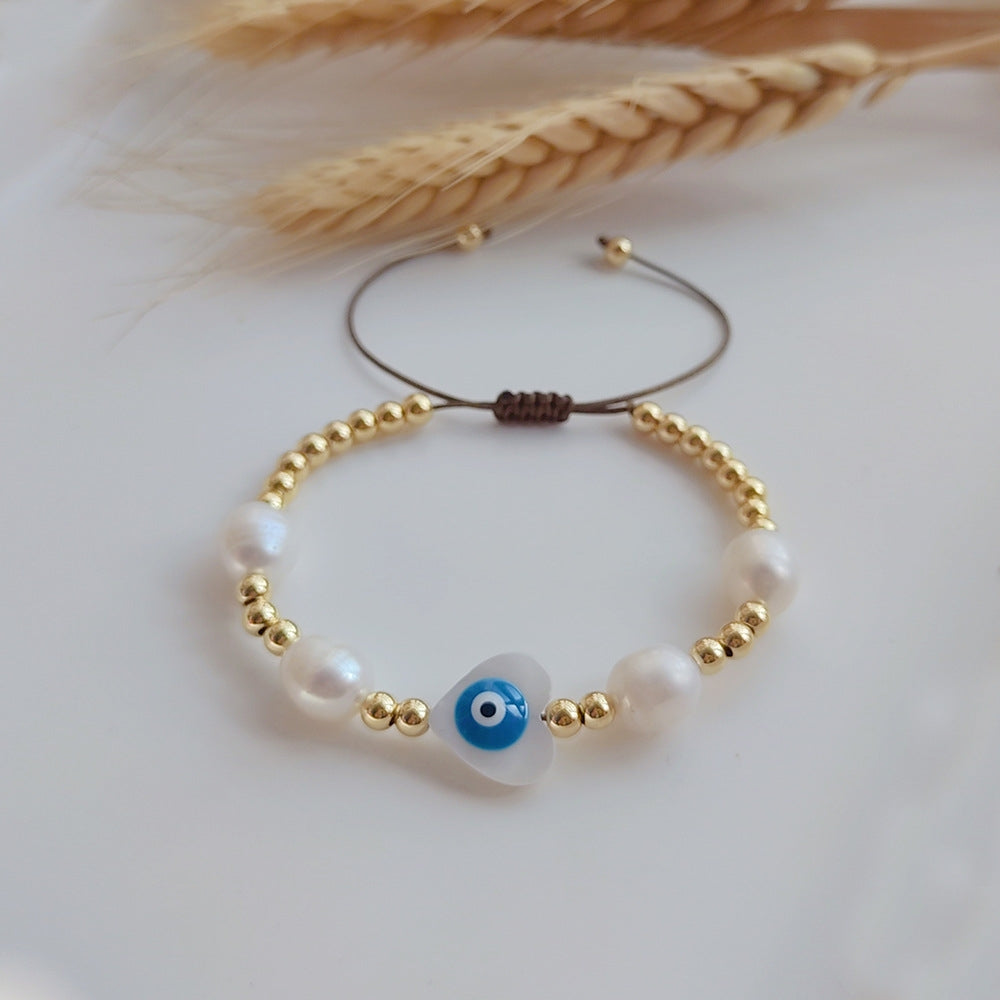 Evil Eye Freshwater Pearl Shell Copper Beaded Bracelet