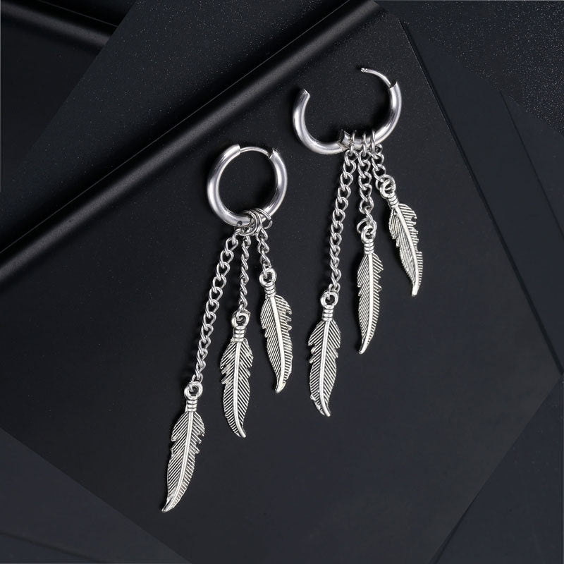 Simple Feather Titanium Steel Tassel Chain Drop Earrings for Men