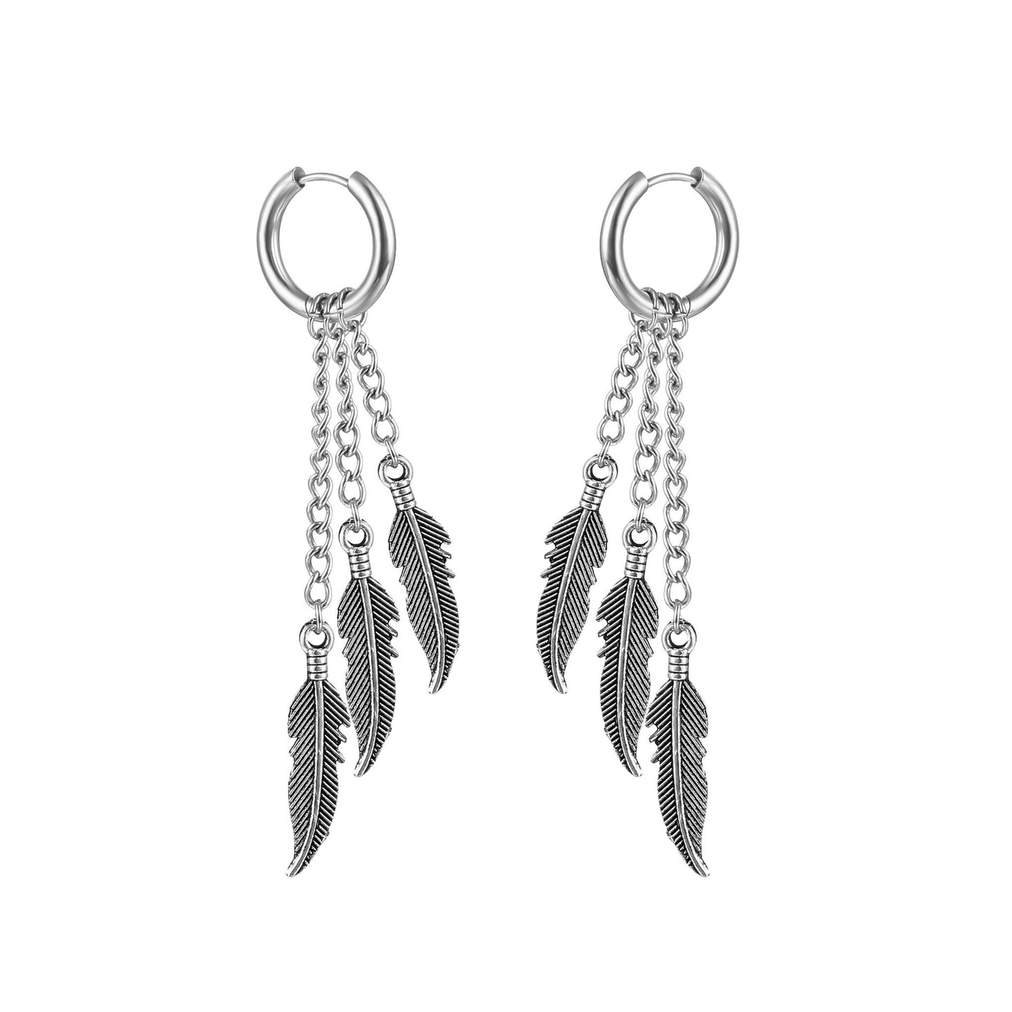 Simple Feather Titanium Steel Tassel Chain Drop Earrings for Men