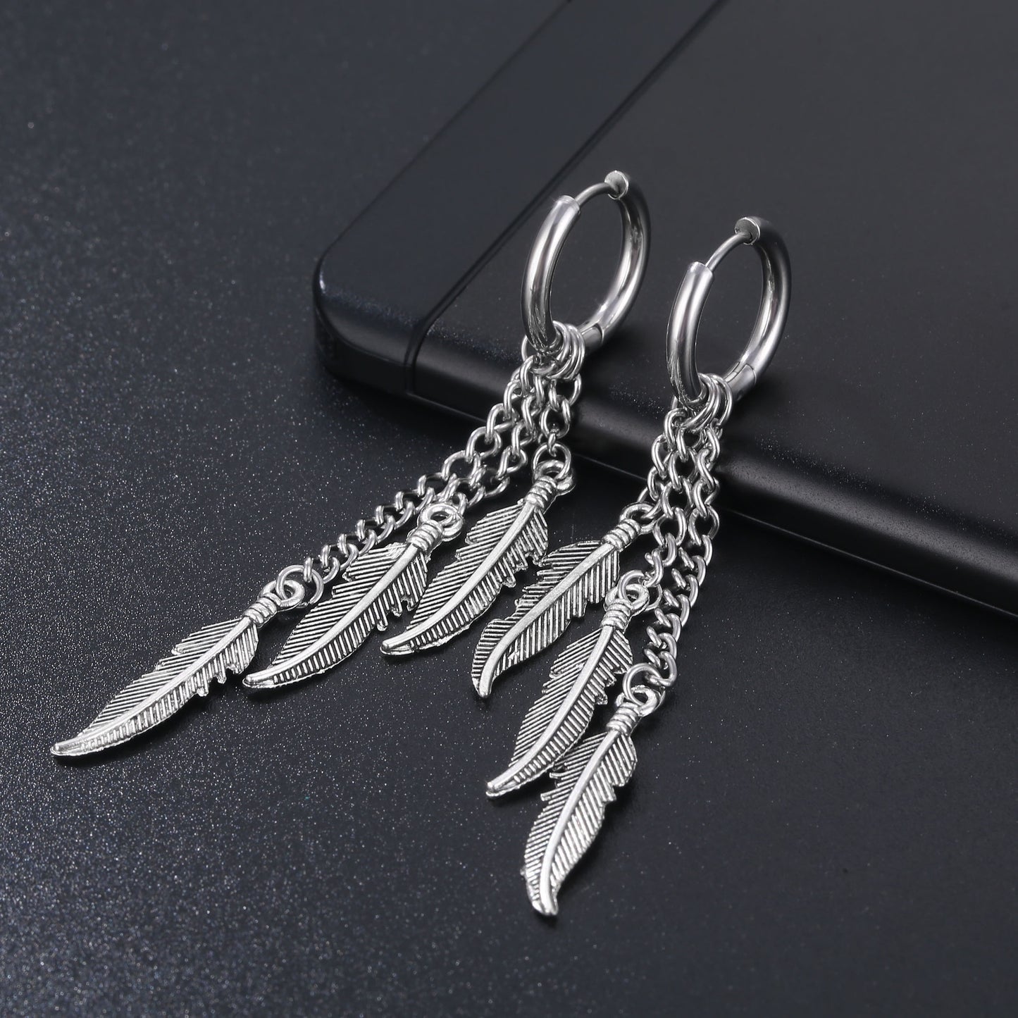 Simple Feather Titanium Steel Tassel Chain Drop Earrings for Men