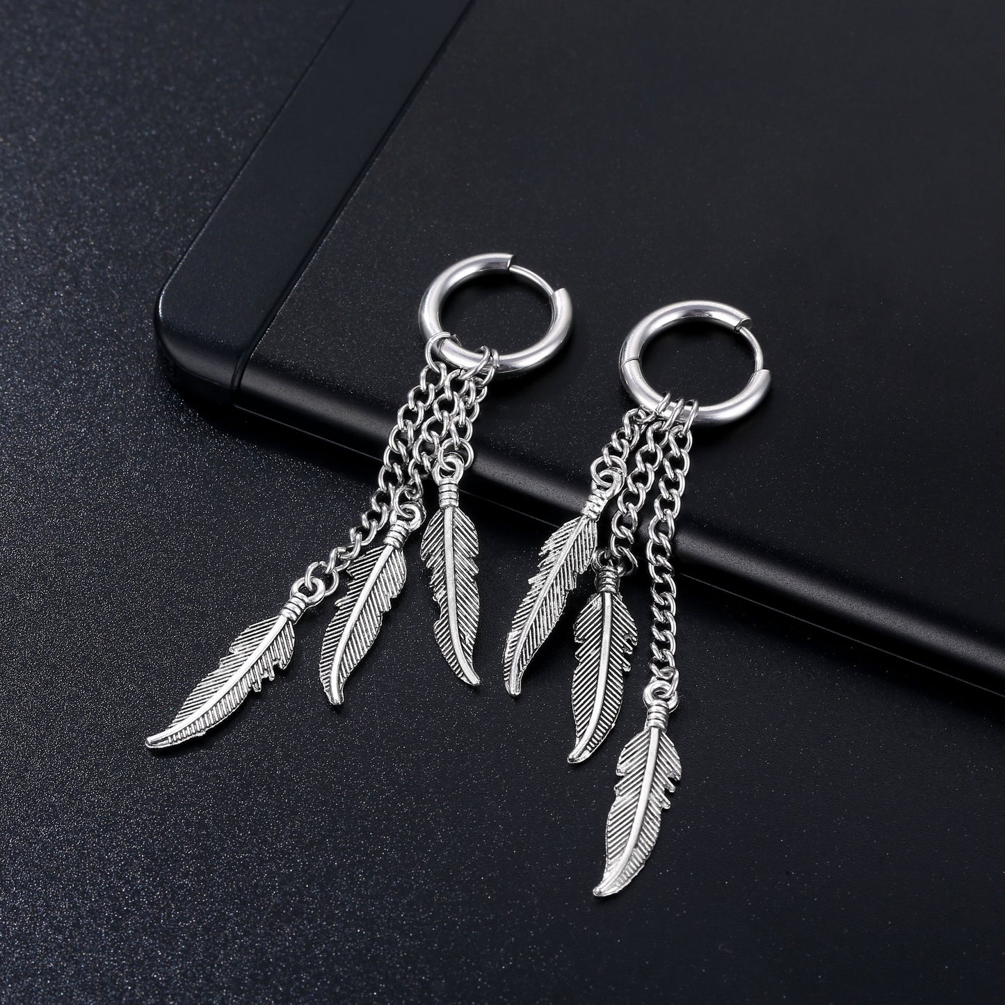 Simple Feather Titanium Steel Tassel Chain Drop Earrings for Men