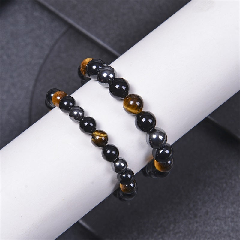 Unisex Geometric Agate & Tiger Eye Energy Bracelet - 8/10mm Black Magnet Beaded Yoga Jewelry