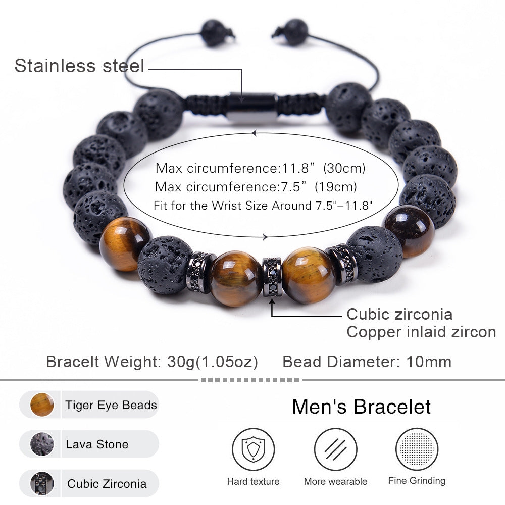 1 Piece Geometric Natural Stone Tiger Eye & Lava Stone Bracelet with Copper Zirconia Accents