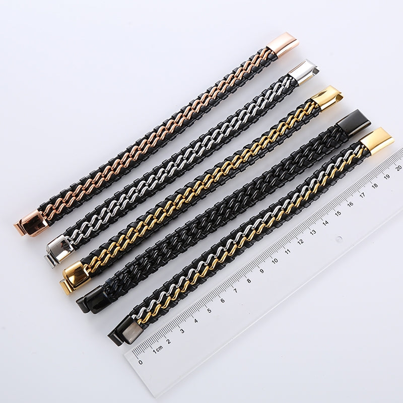 Geometric Stainless Steel Double Chain Braided Leather Men's Bracelet
