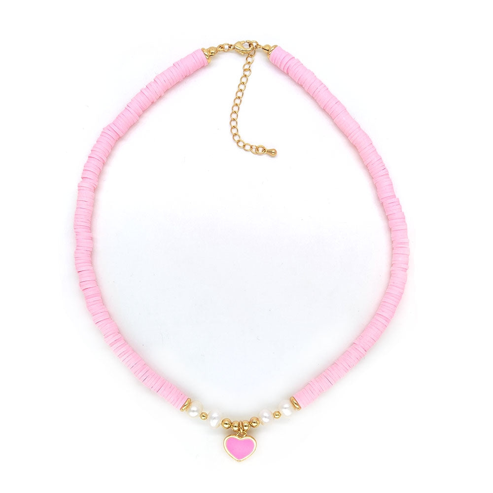 Simple Heart Shape Soft Clay Beaded Necklace with Natural Pearl Pendant