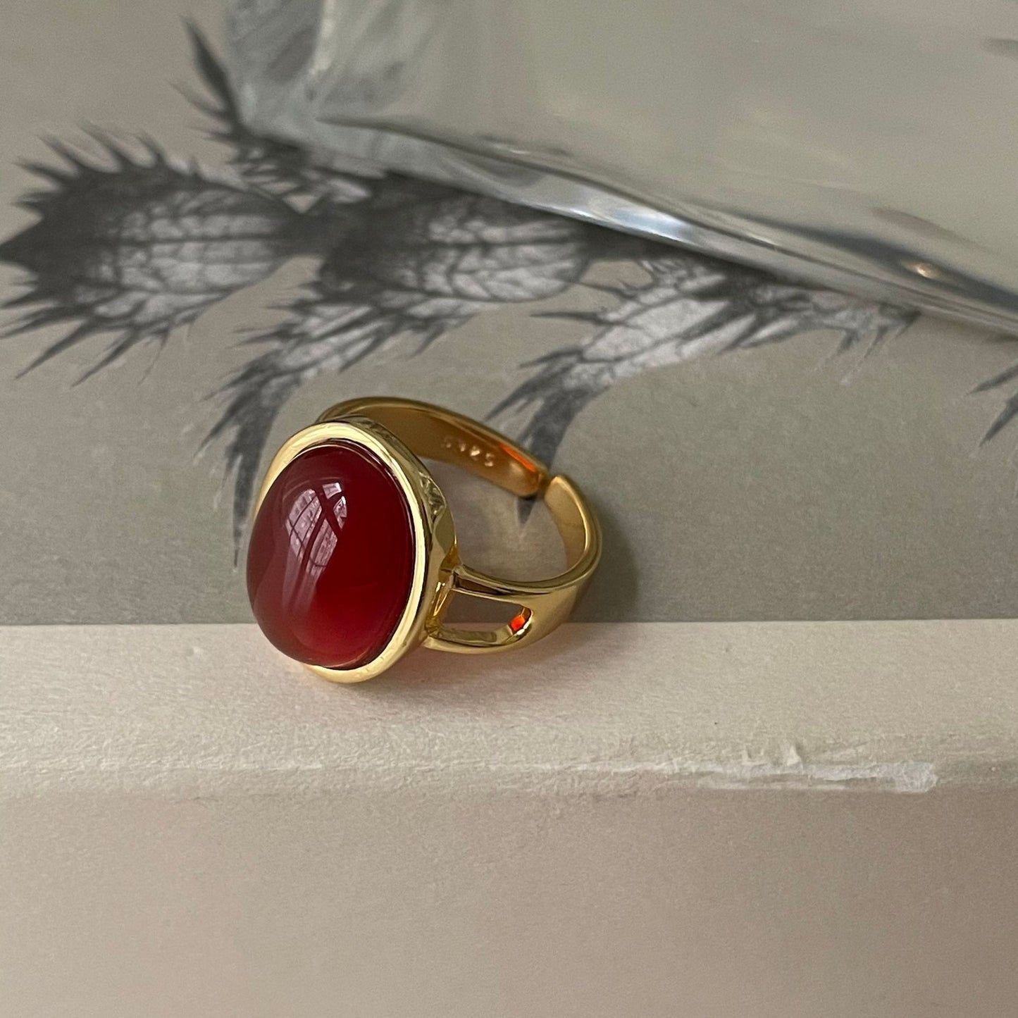 Oval Agate 18k Gold Plated Sterling Silver Open Ring