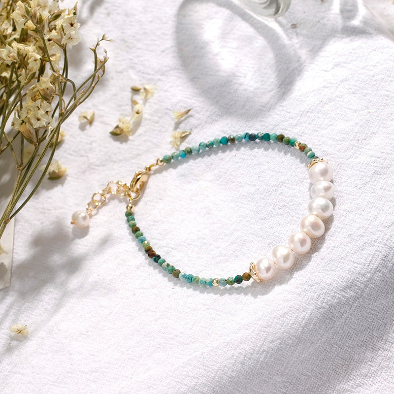 Simple Round Turquoise and Freshwater Pearl Beaded Women's Bracelet