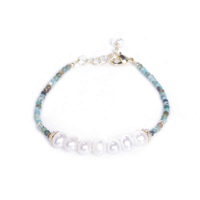 Simple Round Turquoise and Freshwater Pearl Beaded Women's Bracelet