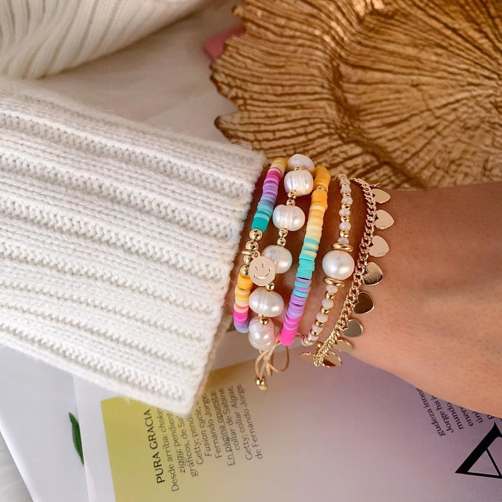 Sweet Smile Pearl & Rainbow Beaded Multi-Layer Bracelet Set for Women