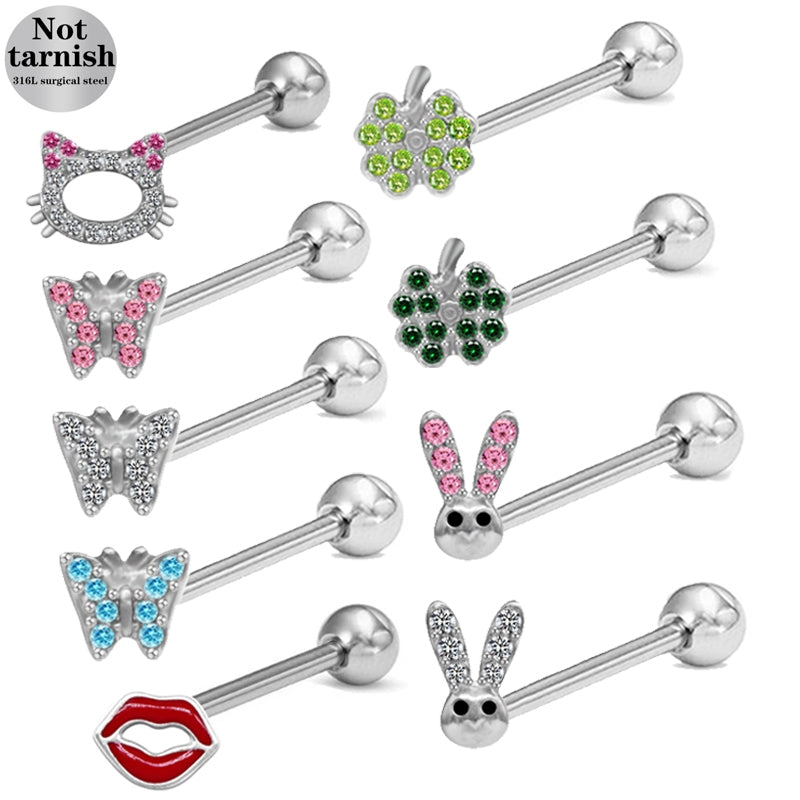 Cute Animal & Fruit Snowflake Rhinestone Tongue Rings - 316 Stainless Steel & Copper, White Gold Plated