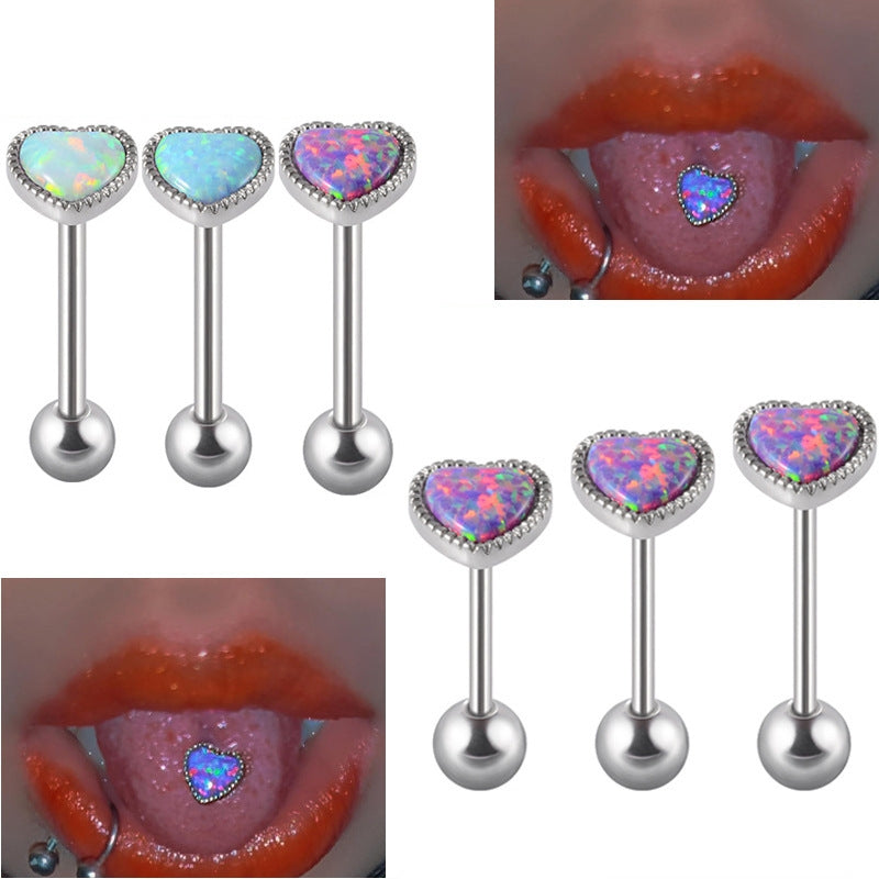 Heart Shape Stainless Steel Opal Inlay Tongue Ring