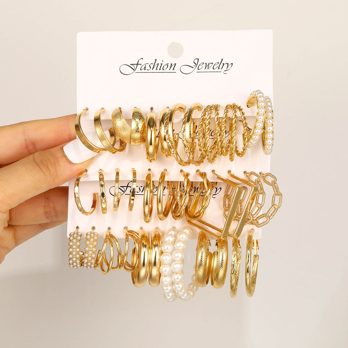 1 Set Geometric C Shape Pearl Hoop Earrings Set - 18 Pairs Fashionable Alloy Jewelry