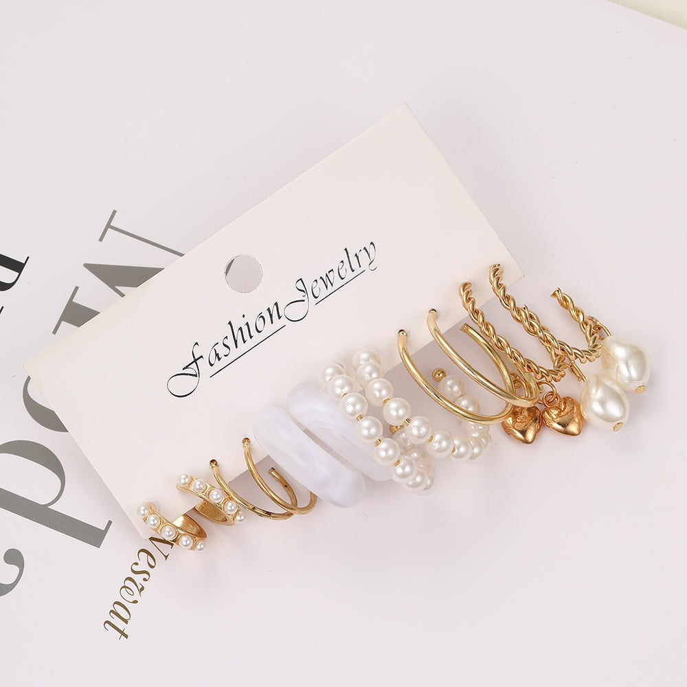 Vintage Heart Shape Pearl Earrings Set - 6 Pairs Retro Style Alloy Inlay