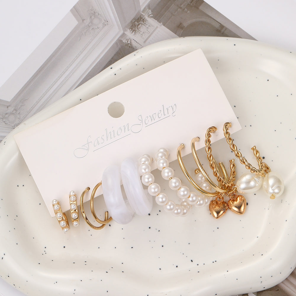 Vintage Heart Shape Pearl Earrings Set - 6 Pairs Retro Style Alloy Inlay
