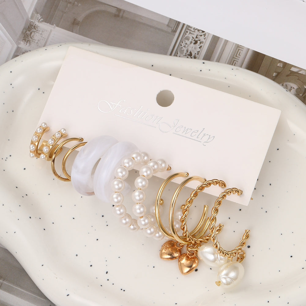 Vintage Heart Shape Pearl Earrings Set - 6 Pairs Retro Style Alloy Inlay