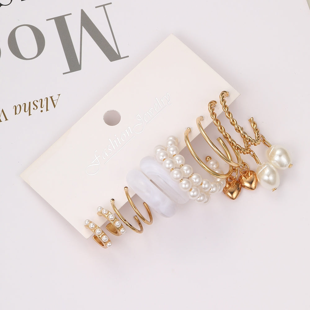 Vintage Heart Shape Pearl Earrings Set - 6 Pairs Retro Style Alloy Inlay