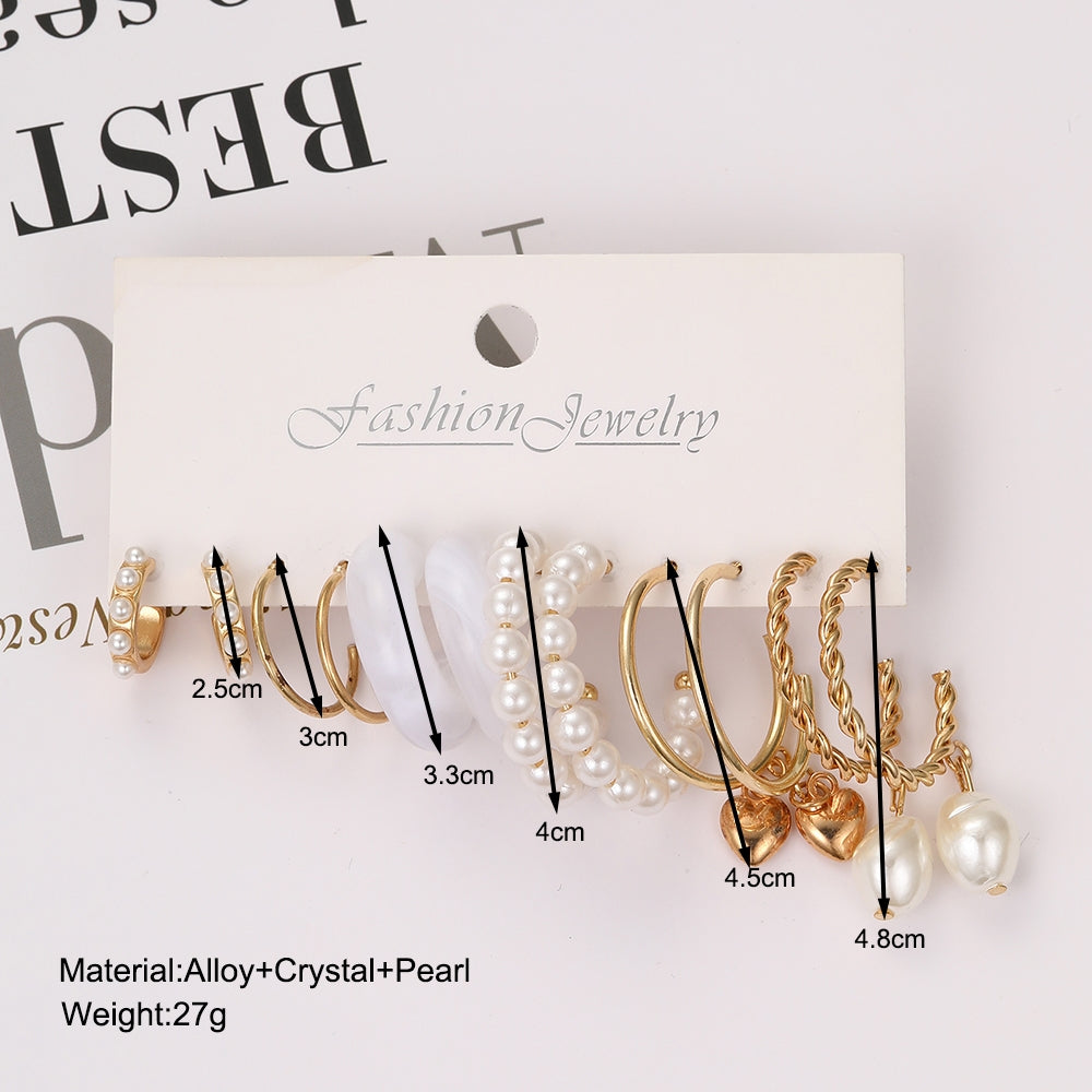 Vintage Heart Shape Pearl Earrings Set - 6 Pairs Retro Style Alloy Inlay