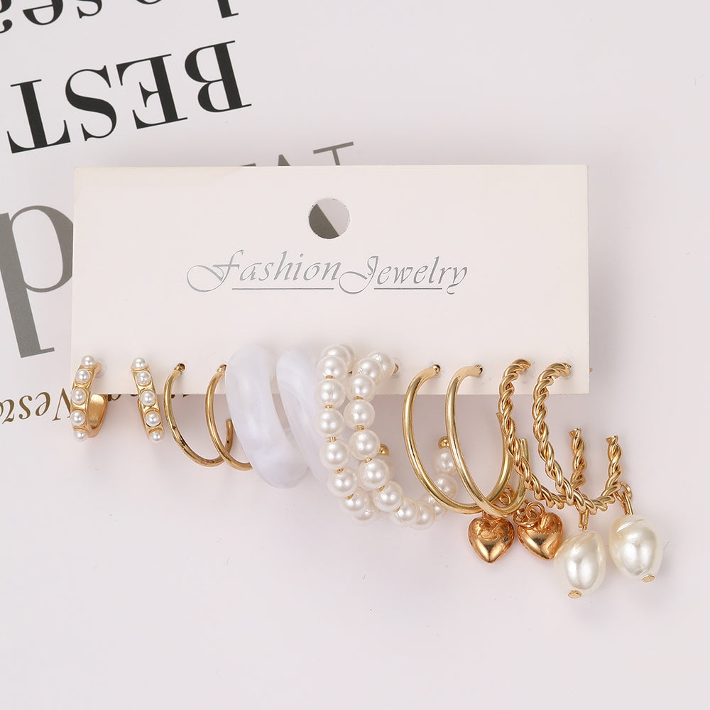 Vintage Heart Shape Pearl Earrings Set - 6 Pairs Retro Style Alloy Inlay
