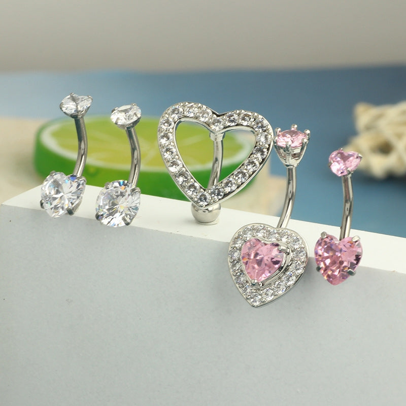 Heart Shaped Zircon Belly Rings Set - Stainless Steel & Copper Plating