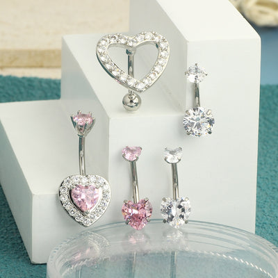 Heart Shaped Zircon Belly Rings Set - Stainless Steel & Copper Plating