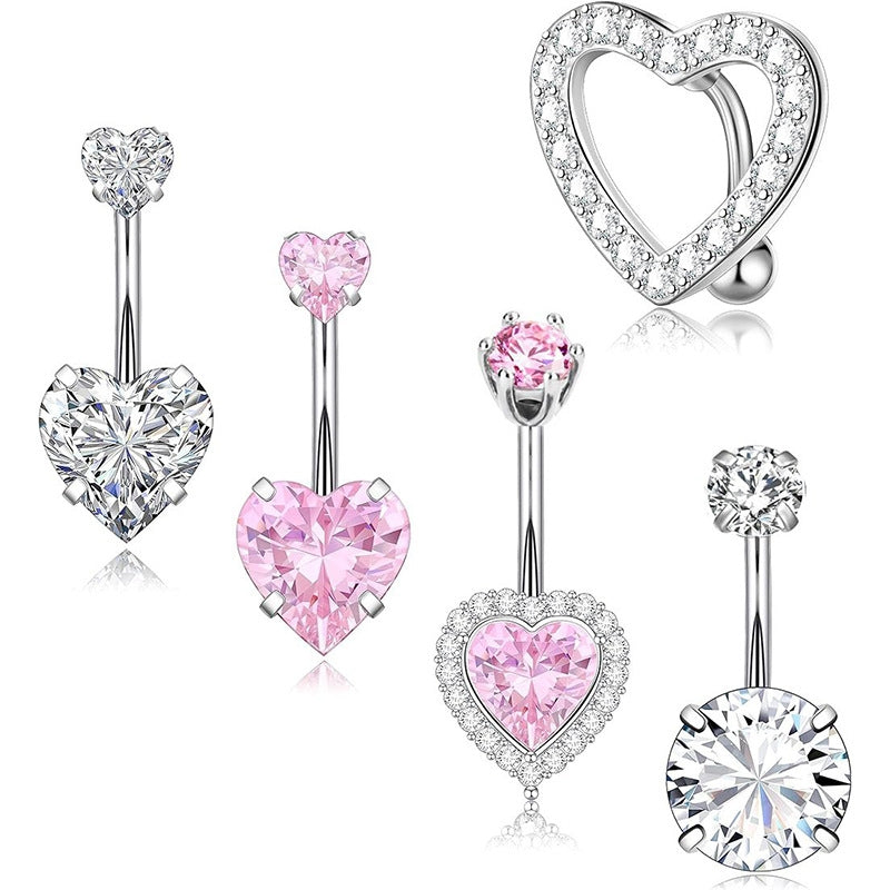 Heart Shaped Zircon Belly Rings Set - Stainless Steel & Copper Plating