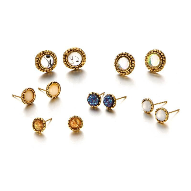 Bohemian Geometric Inlay Alloy Gemstone Stud Earrings Set - 6 Pieces Vintage Style