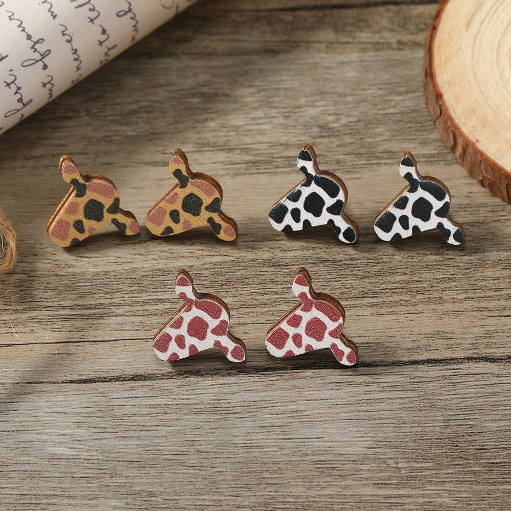 Cartoon Style Colorful Spotted Cattle Wood Ear Studs Set