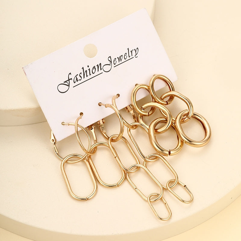 Set of Geometric Plating Alloy Drop Earrings and Gold Chain Statement Earrings 3-Piece Set