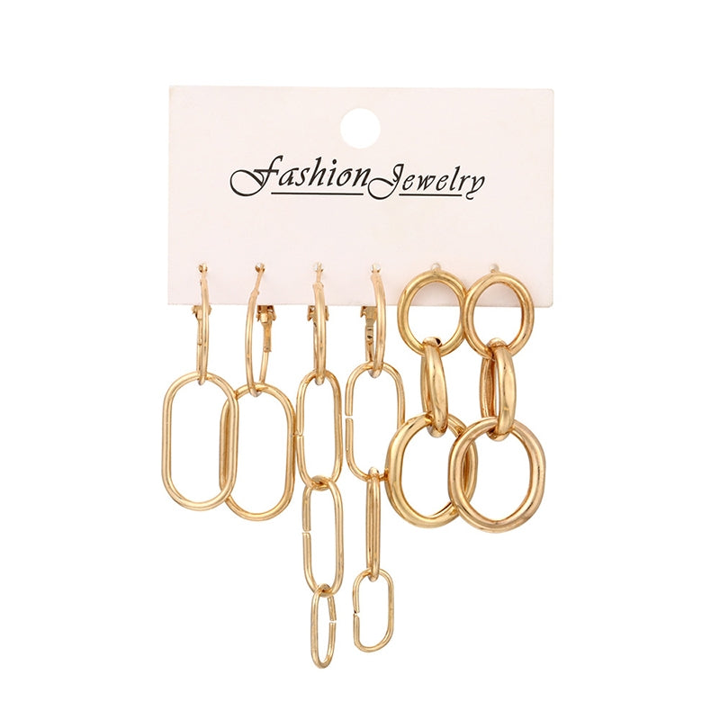 Set of Geometric Plating Alloy Drop Earrings and Gold Chain Statement Earrings 3-Piece Set