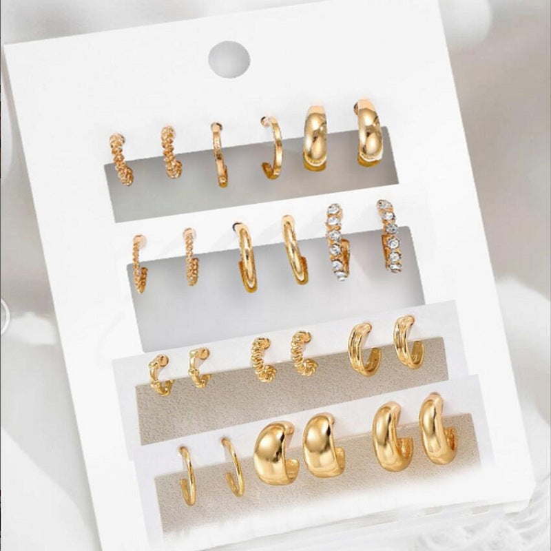 Casual C Shape Rhinestone Inlay Alloy Ear Studs Set - 12 Pieces Vintage Style