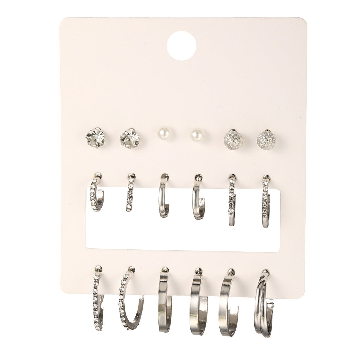 1 Set Casual Simple Style Round Inlay Alloy Rhinestones Pearl Earrings Studs - 9 Piece Silver Set