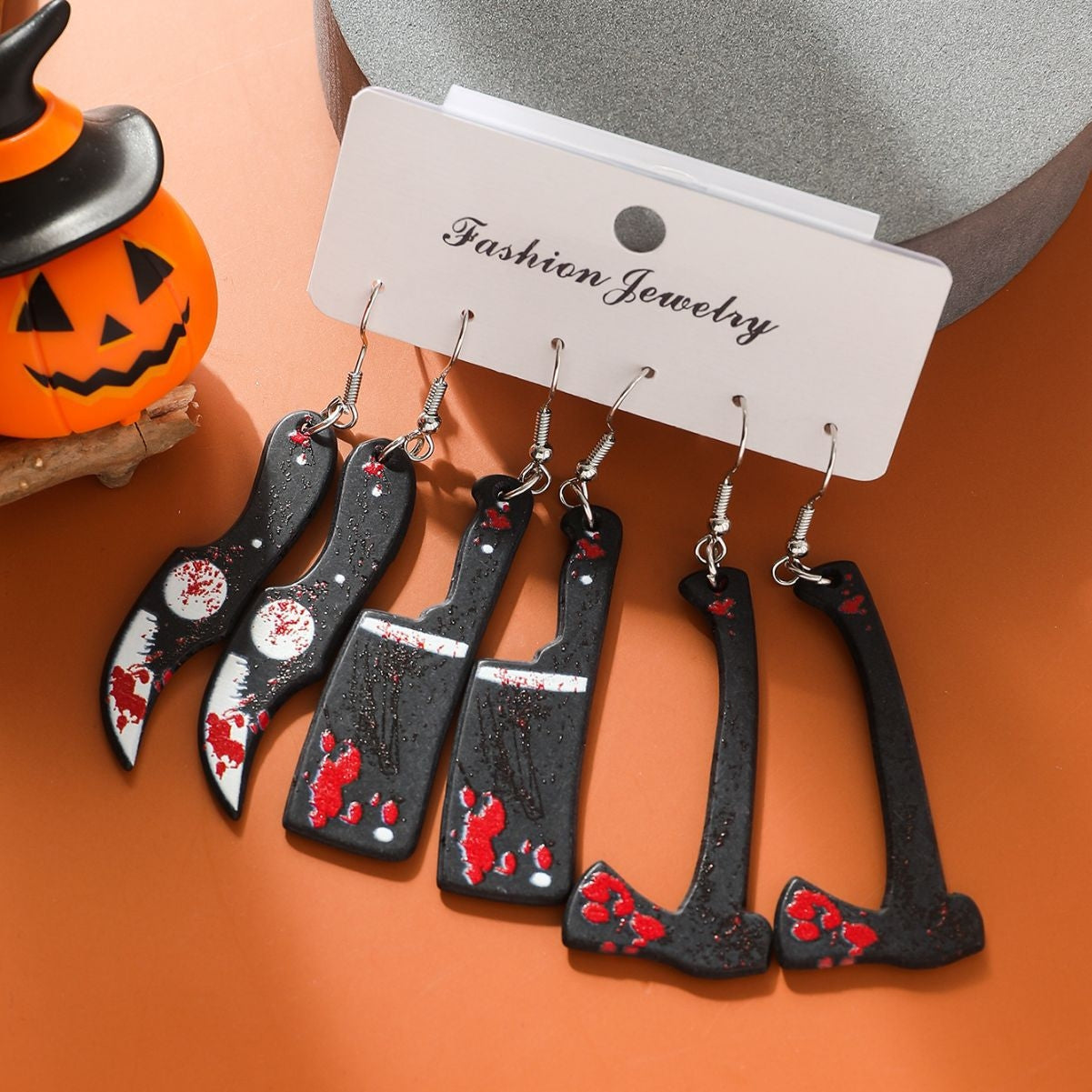 Cartoon Halloween Acrylic Drop Earrings Set - Pumpkin & Skull Design