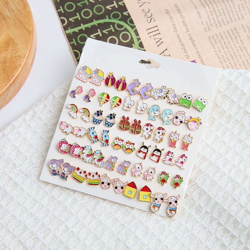 Set of Cute Cartoon Animal Alloy Ear Studs - Penguin, Unicorn, Sheep Design (30 Pairs)