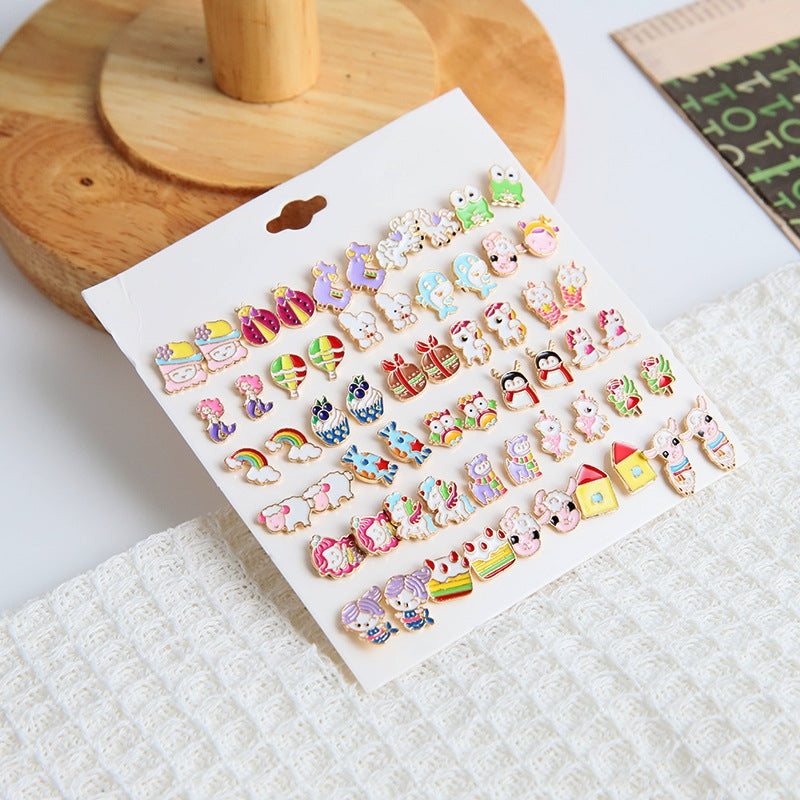 Set of Cute Cartoon Animal Alloy Ear Studs - Penguin, Unicorn, Sheep Design (30 Pairs)