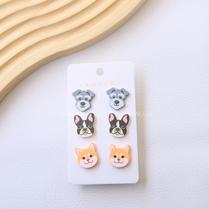 1 Set Cute Dog Acrylic Stud Earrings - Shiba Inu, Schnauzer, Bulldog Design