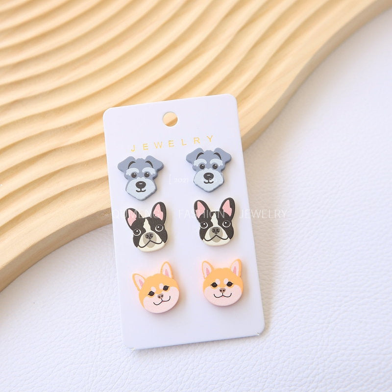 1 Set Cute Dog Acrylic Stud Earrings - Shiba Inu, Schnauzer, Bulldog Design