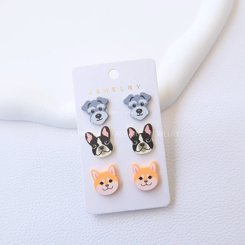 1 Set Cute Dog Acrylic Stud Earrings - Shiba Inu, Schnauzer, Bulldog Design