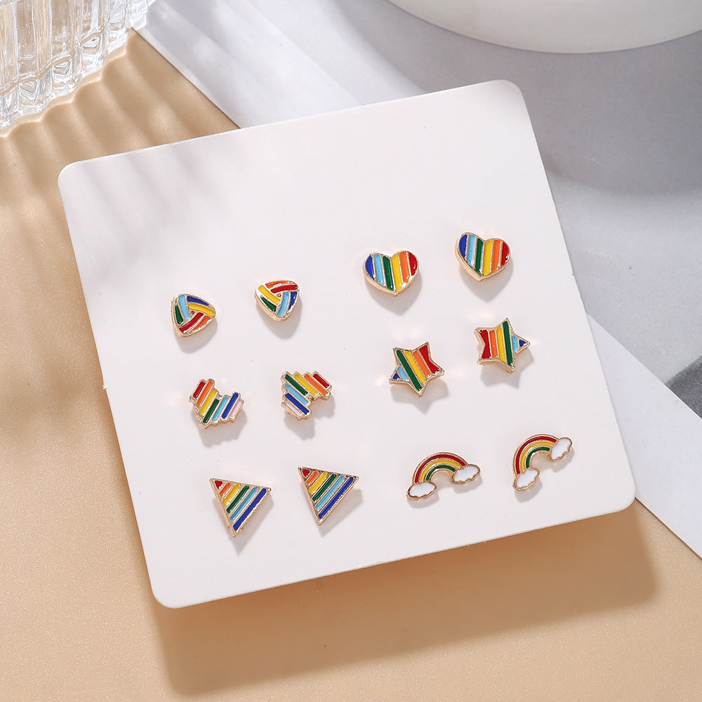 Set of 6 Pairs Cute Heart Shape Enamel Rainbow Stripe Stud Earrings