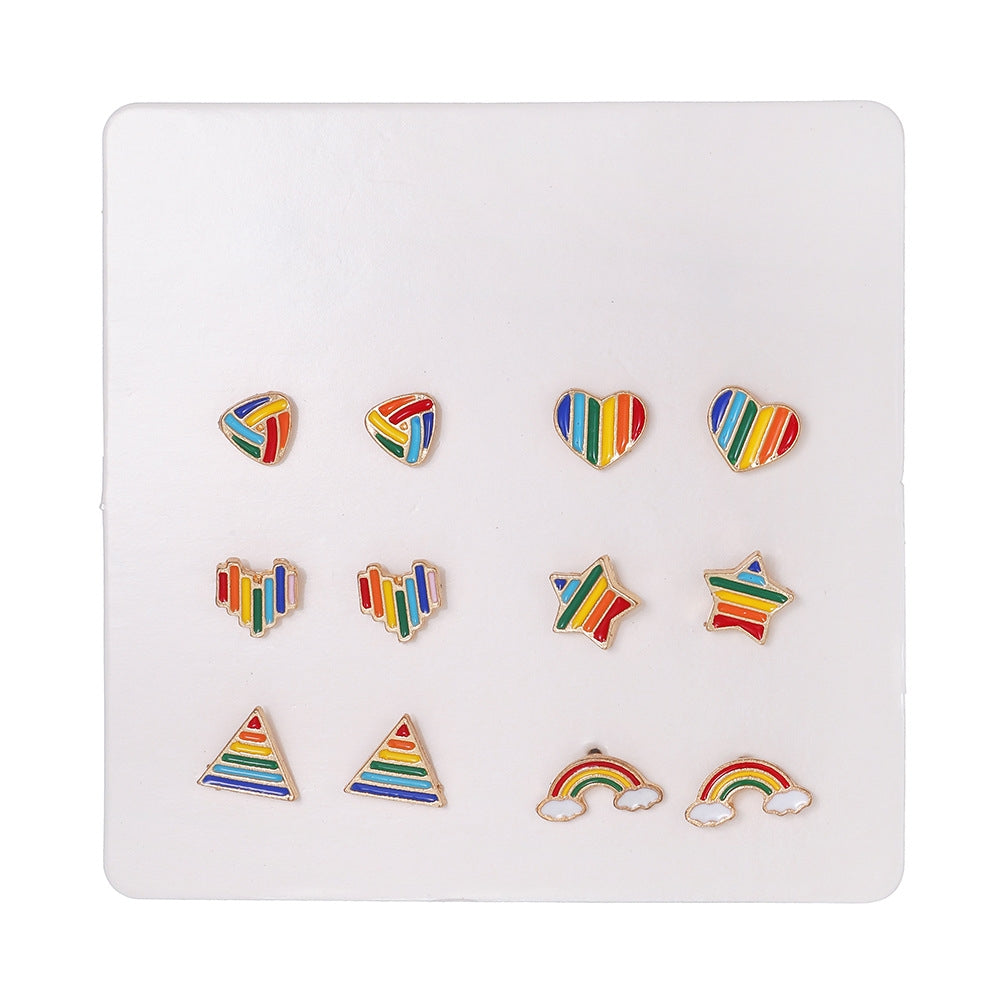 Set of 6 Pairs Cute Heart Shape Enamel Rainbow Stripe Stud Earrings