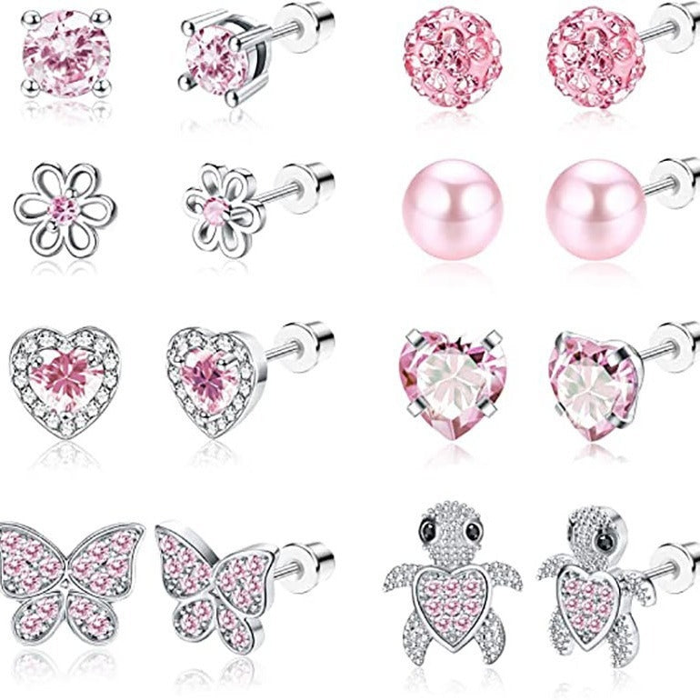 1 Set Cute Animal Heart & Butterfly Inlay Alloy Rhinestone Unicorn Cat Rainbow Shamballa Flower Earrings