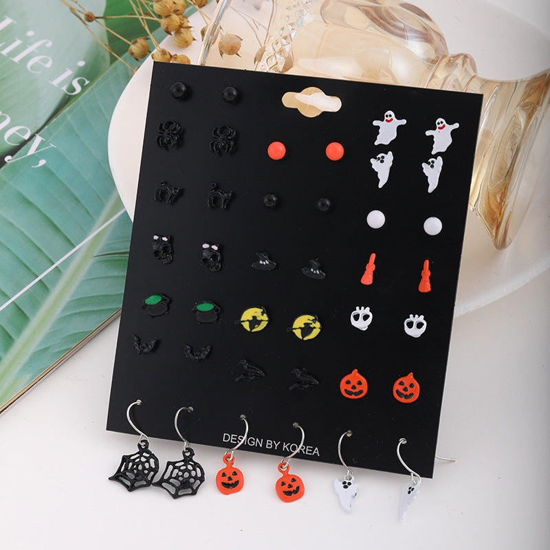 Halloween Pumpkin and Skull Cartoon Stud Earrings Set - 20 Pairs