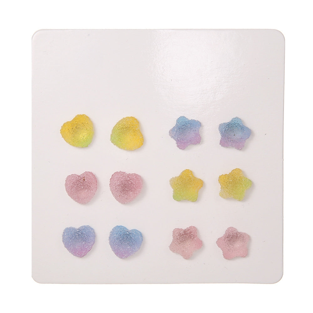 Cute Star and Heart Resin Earrings Set - 6 Pairs Colorful Bear and Star Studs