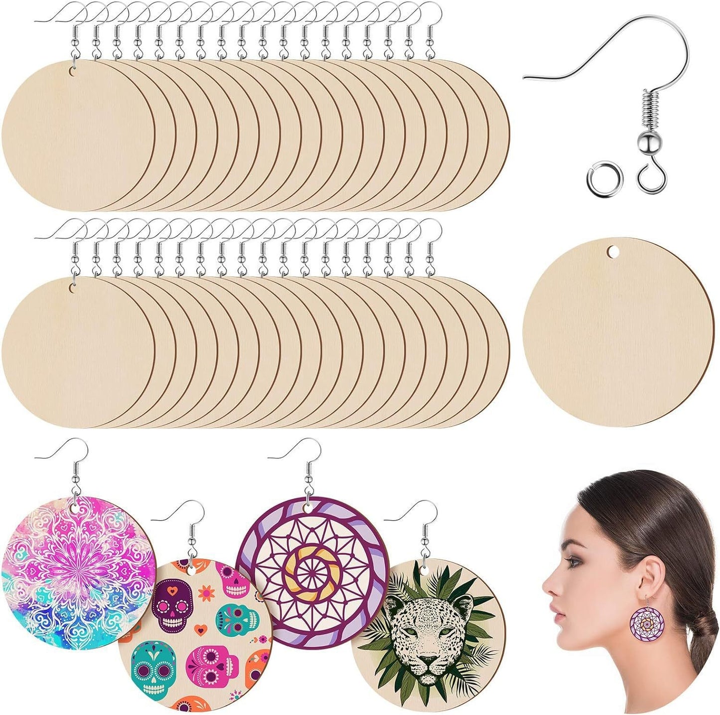 1 Set 5mm Wooden Round Hook Earring Findings DIY Kit - 200pcs Unfinished Blank Earrings Pendants